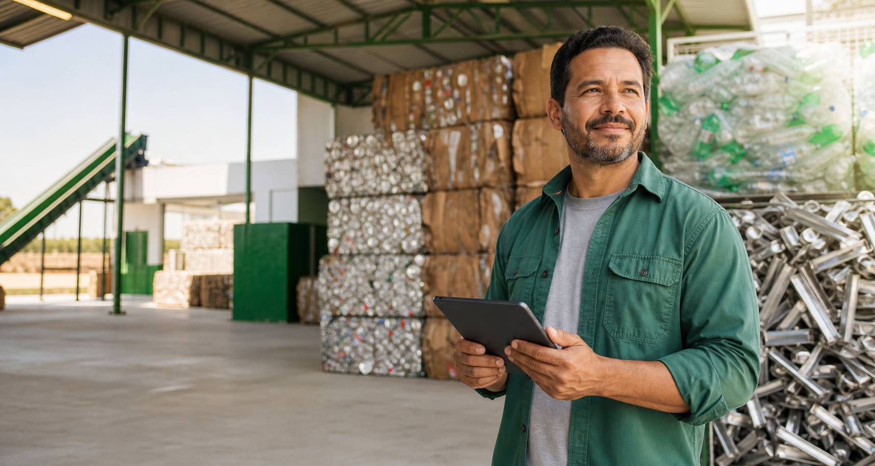 Gestor de uma empresa de reciclagem usando um tablet no depósito